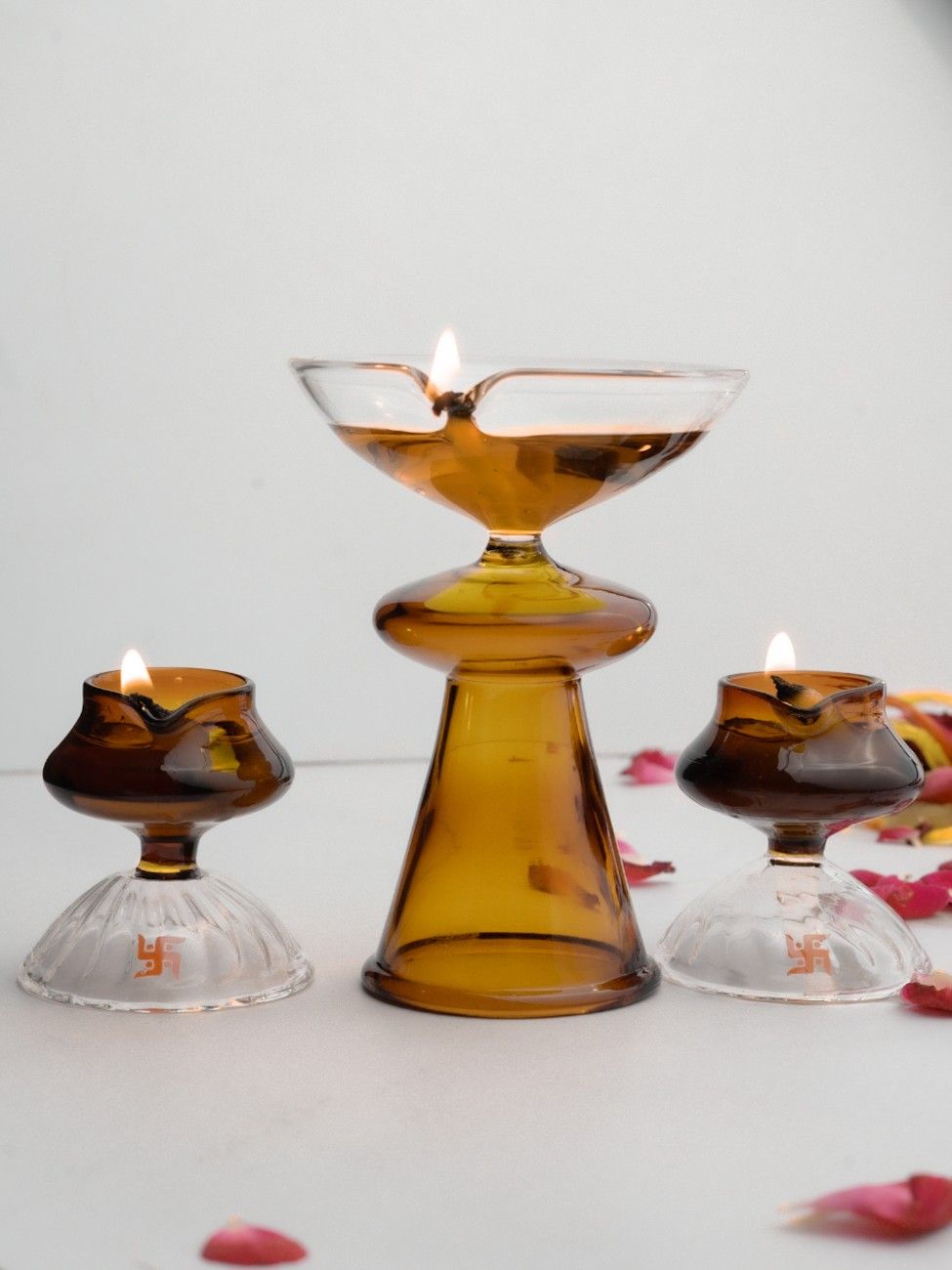Borotech Amber Glass Diyas โ 3 Pc Handmade Set for Pooja & Decor - BorotechGD - AMBER - COMBO - 3PCBorotech
