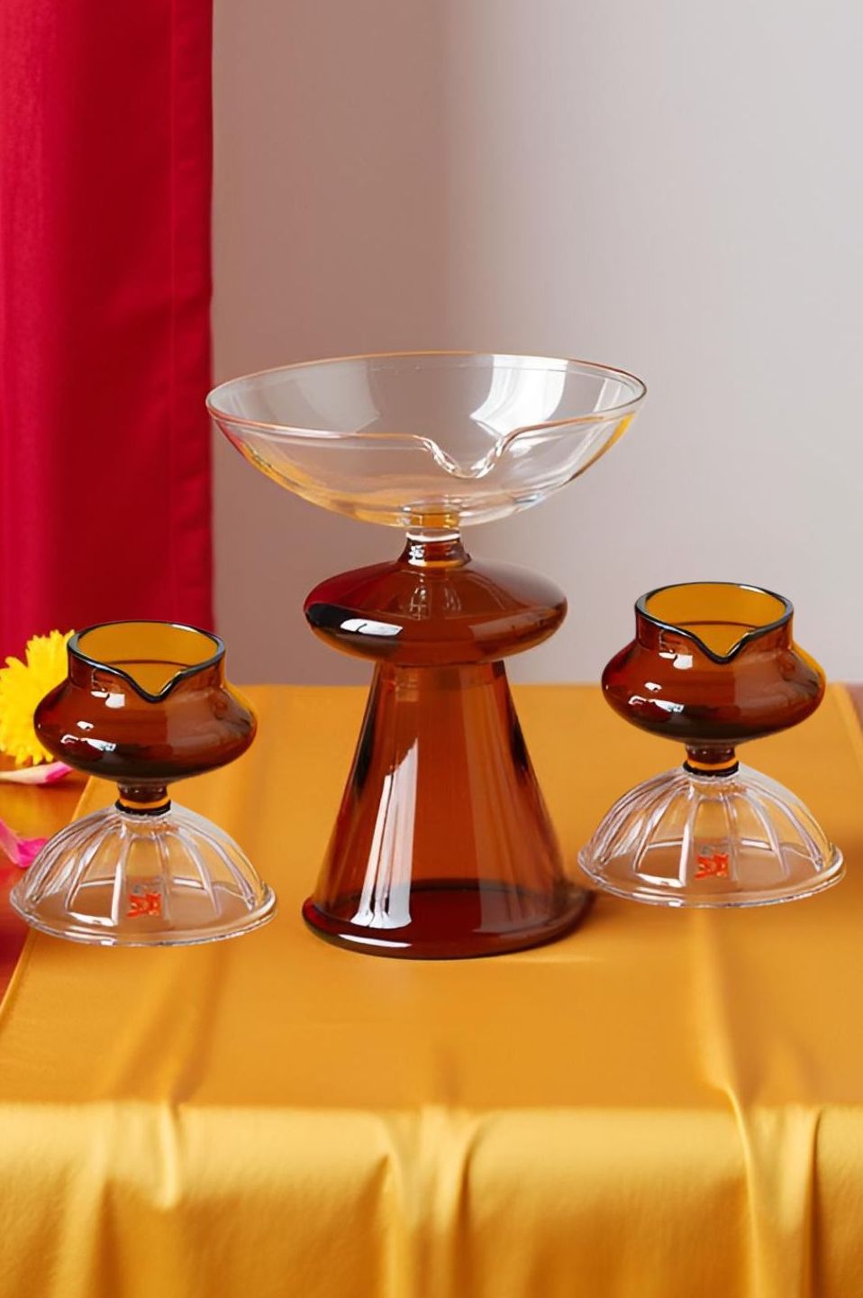 Borotech Amber Glass Diyas โ 3 Pc Handmade Set for Pooja & Decor - BorotechGD - AMBER - COMBO - 3PCBorotech