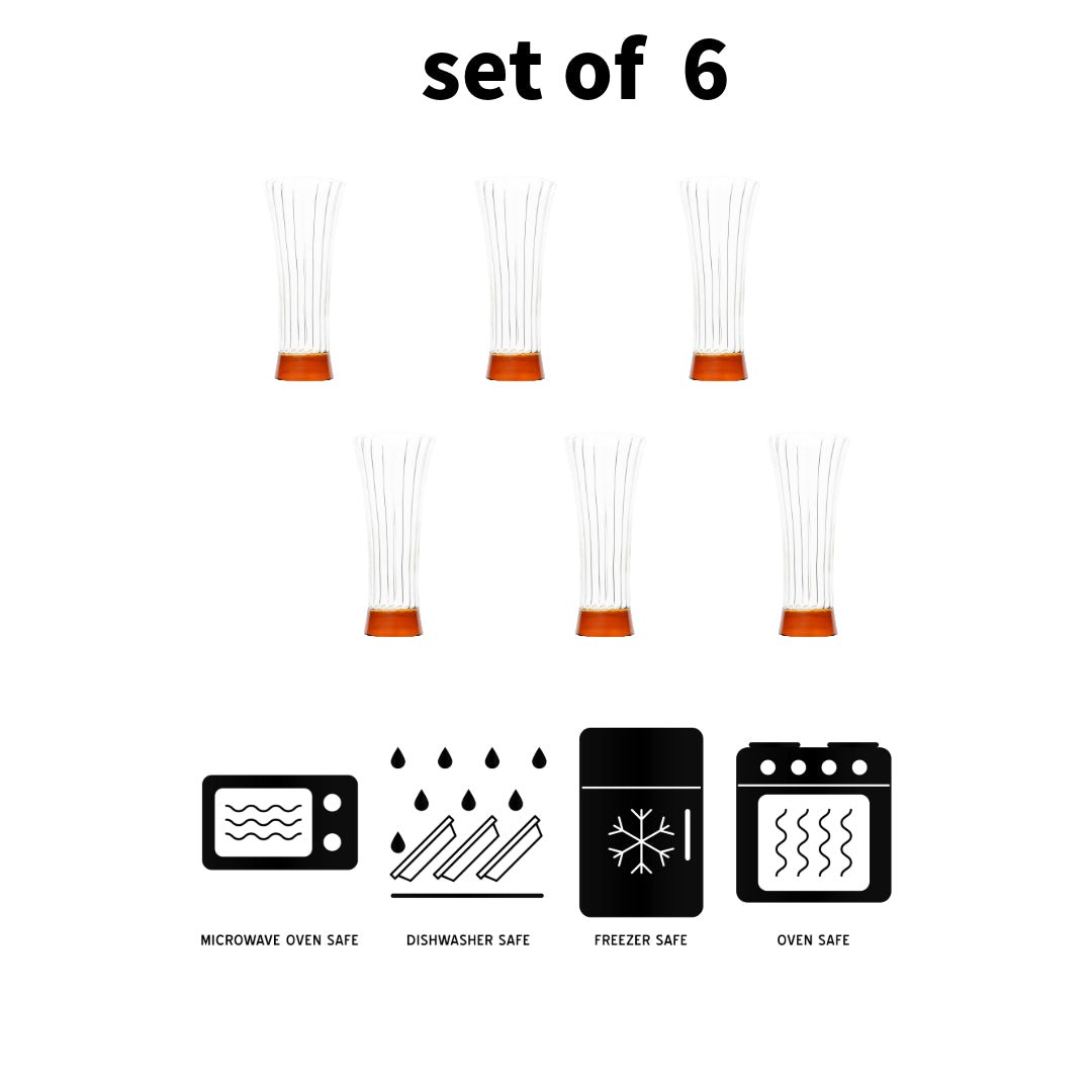 Set Of 6 Borosilicate Ribbed Juice Glasses with Amber Base - Borotech